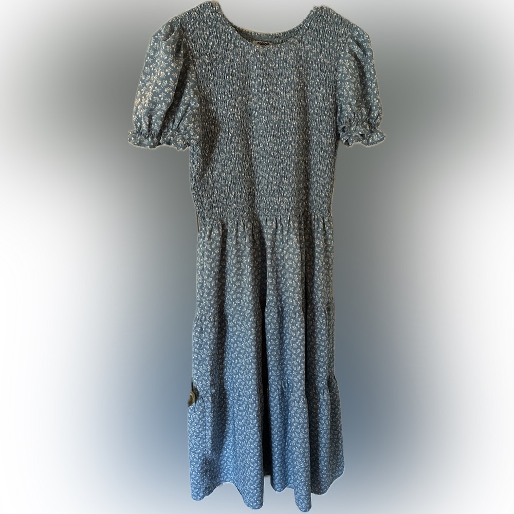 Blue Floral Smocked Tiered Dress